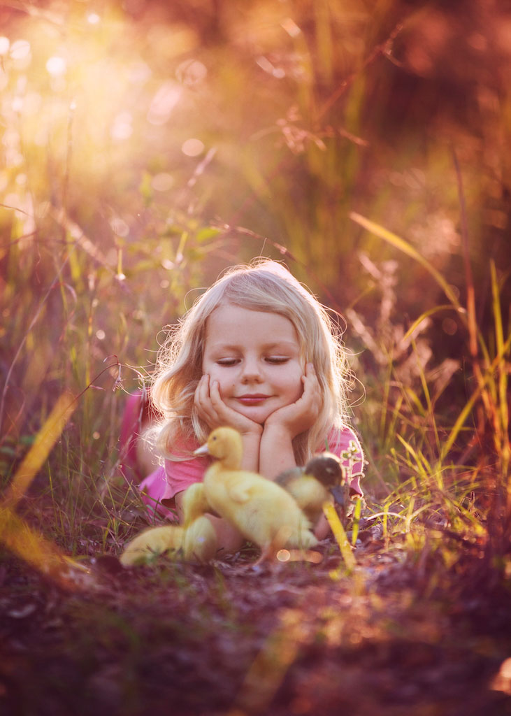 Little girl gently holding a duck
