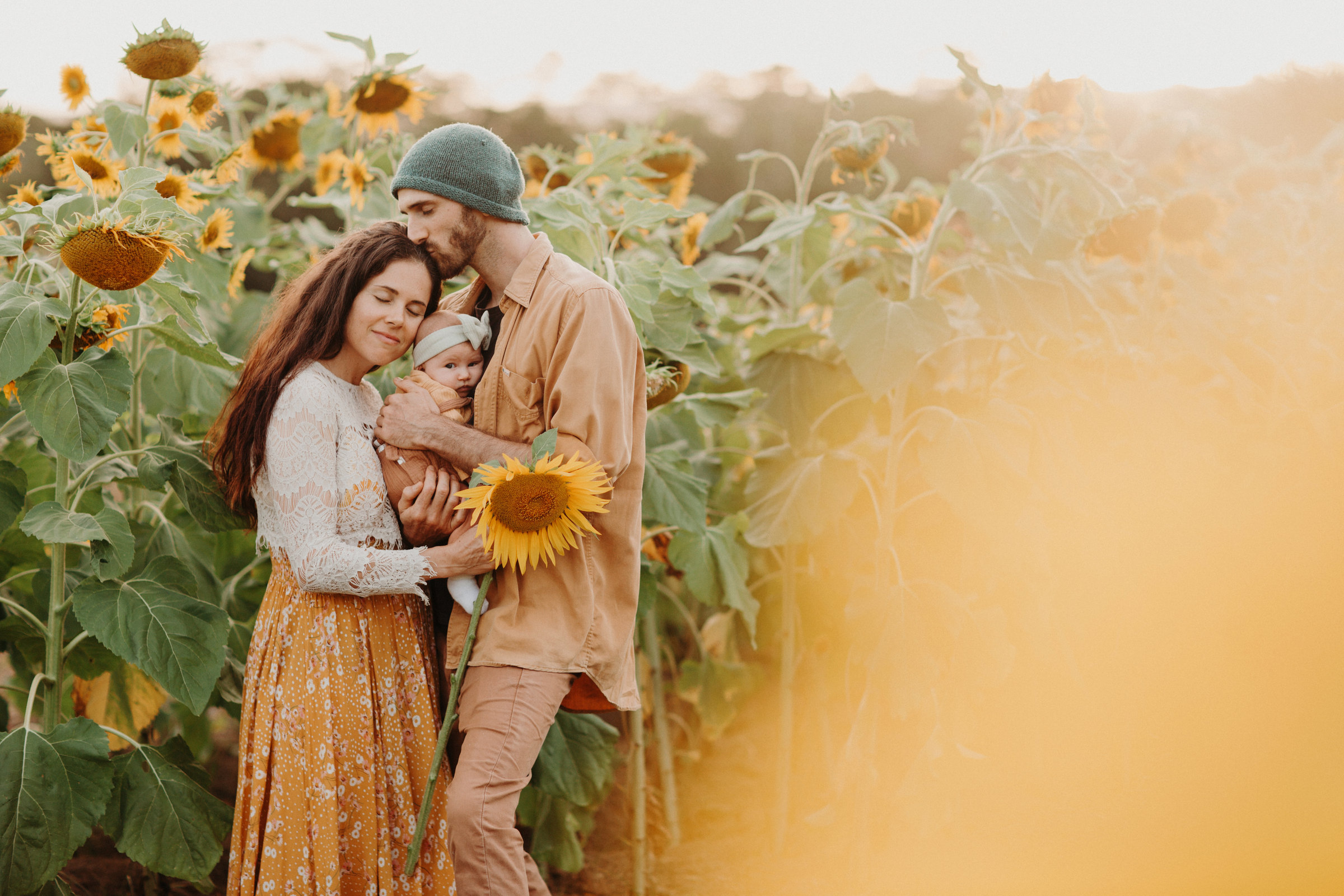 Two adults holding a baby in a sunflower field