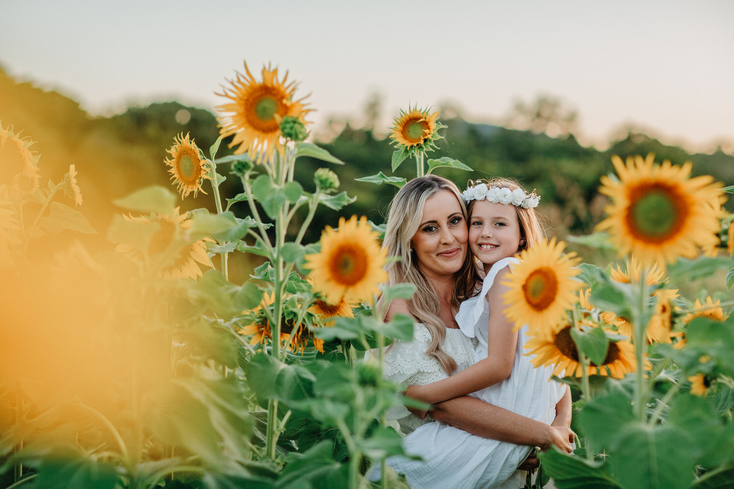 Woman and child embracing in a sunflower field